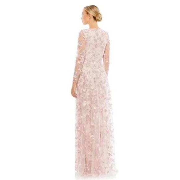 Mac Duggal 67483 Rose Pink Floral Applique Long Sleeve Illusion Gown Size 8 NWT - Picture 3 of 12